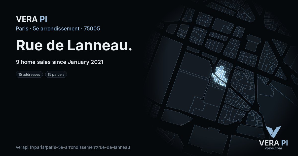 Rue de Lanneau, 5e arrondissement at night – every parcel coloured by the prices around it, the street's own parcels lit