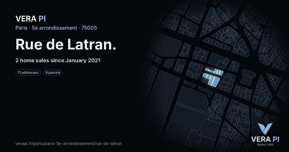Rue de Latran, 5e arrondissement at night – every parcel coloured by the prices around it, the street's own parcels lit