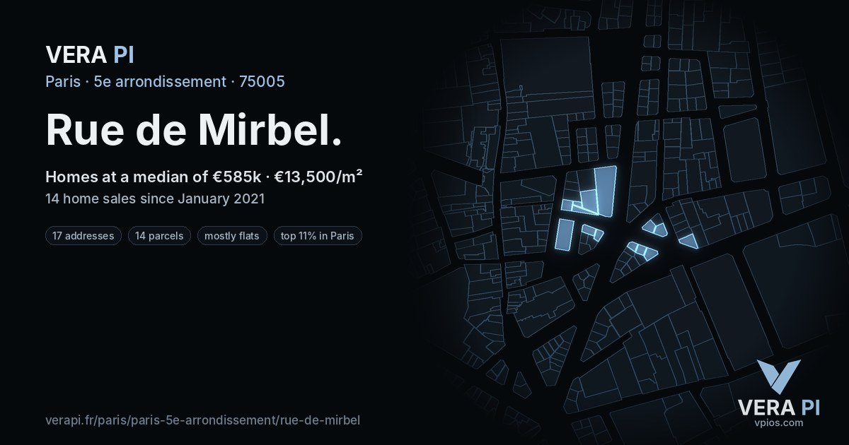 Rue de Mirbel, 5e arrondissement at night – every parcel coloured by the prices around it, the street's own parcels lit