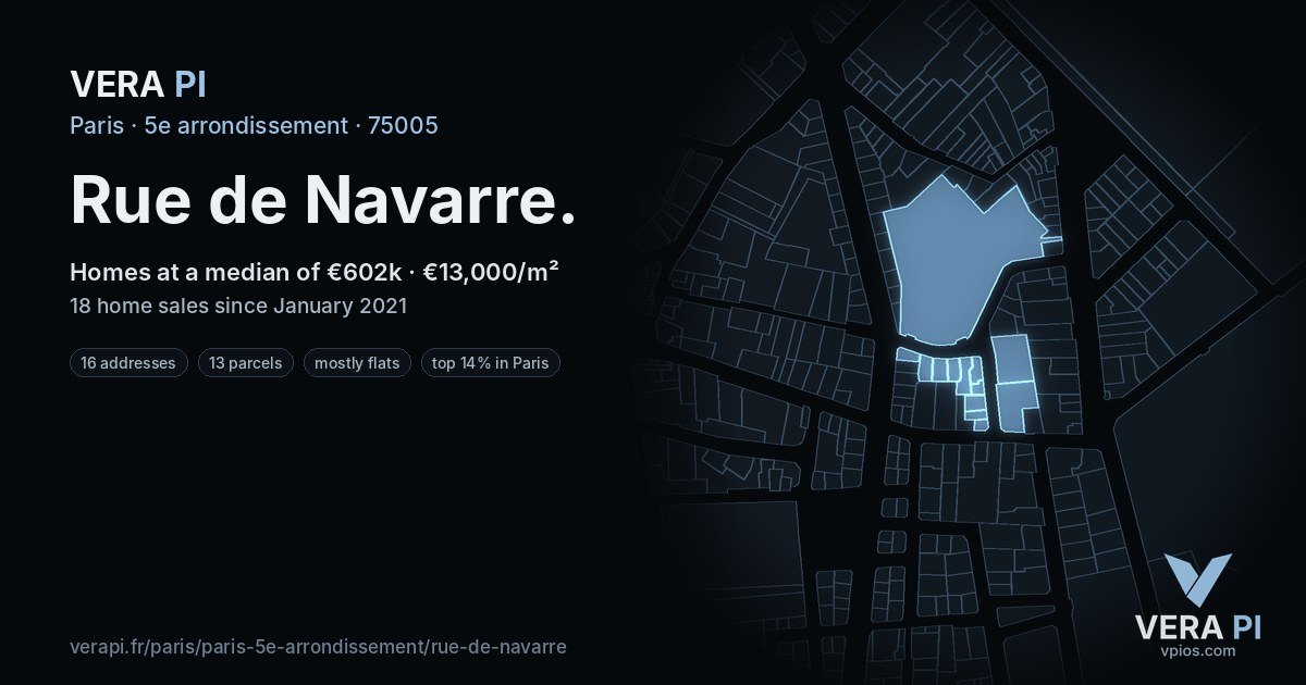 Rue de Navarre, 5e arrondissement at night – every parcel coloured by the prices around it, the street's own parcels lit