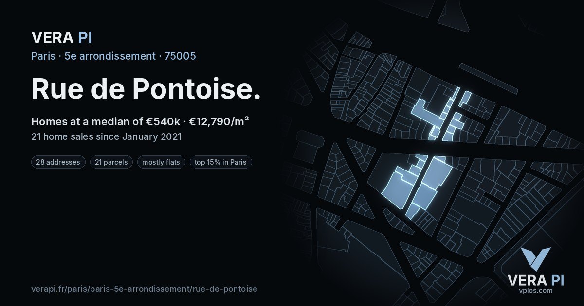 Rue de Pontoise, 5e arrondissement at night – every parcel coloured by the prices around it, the street's own parcels lit