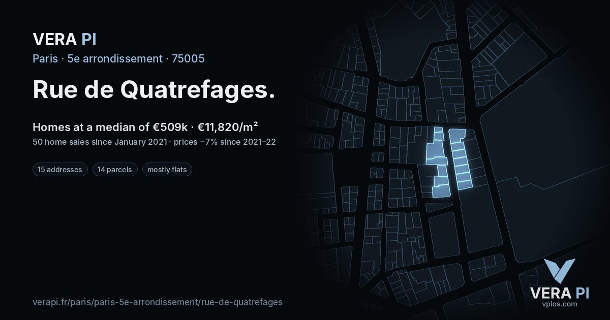 Rue de Quatrefages, 5e arrondissement at night – every parcel coloured by the prices around it, the street's own parcels lit