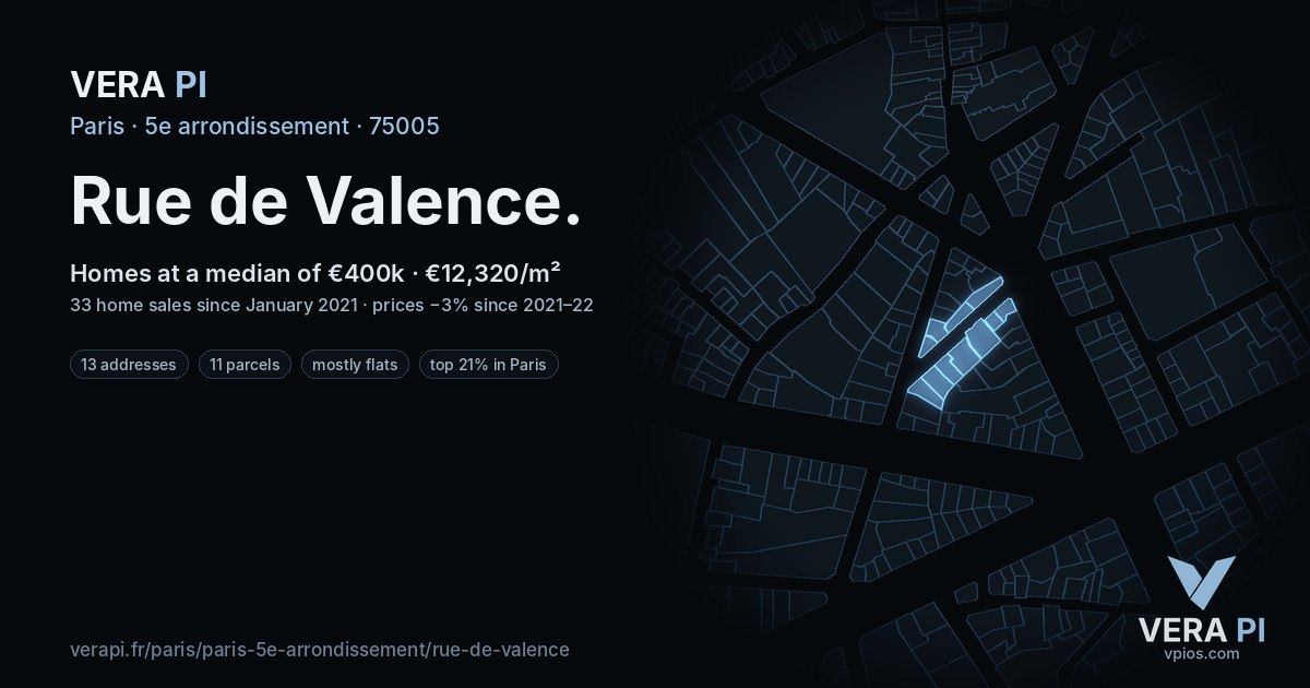 Rue de Valence, 5e arrondissement at night – every parcel coloured by the prices around it, the street's own parcels lit