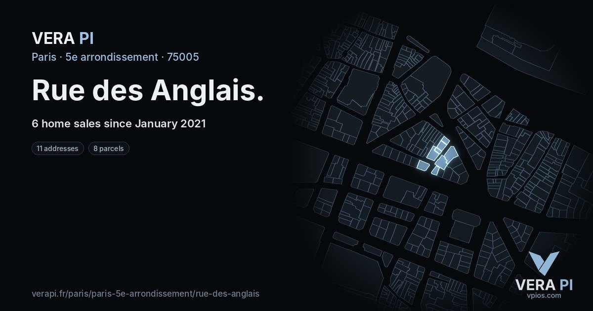 Rue des Anglais, 5e arrondissement at night – every parcel coloured by the prices around it, the street's own parcels lit