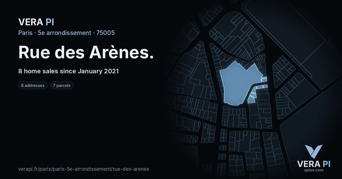 Rue des Arènes, 5e arrondissement at night – every parcel coloured by the prices around it, the street's own parcels lit