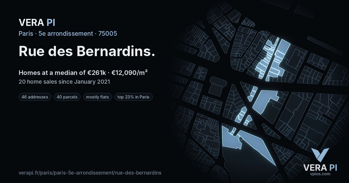 Rue des Bernardins, 5e arrondissement at night – every parcel coloured by the prices around it, the street's own parcels lit
