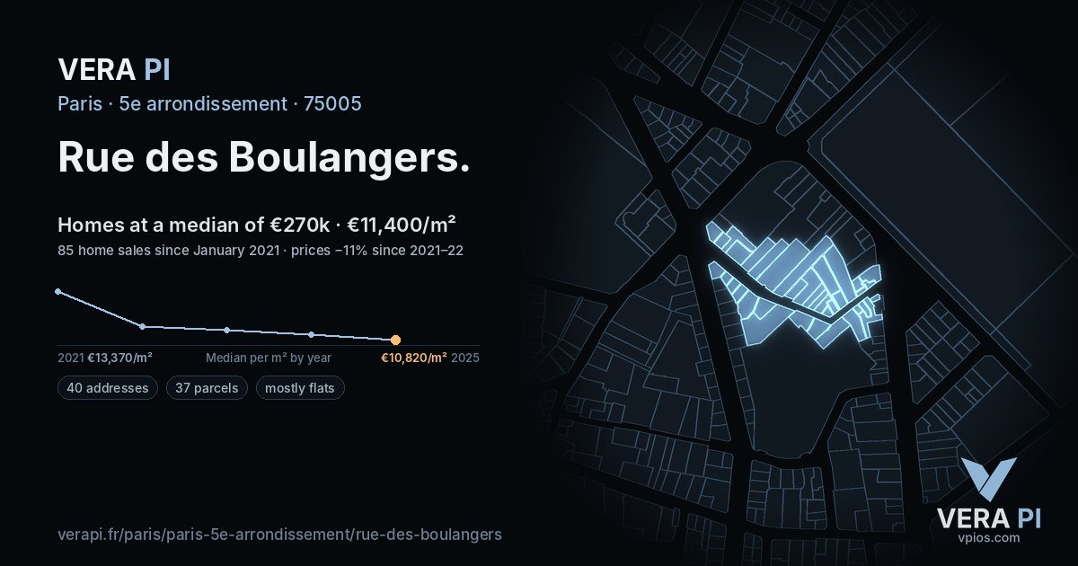 Rue des Boulangers, 5e arrondissement at night – every parcel coloured by the prices around it, the street's own parcels lit