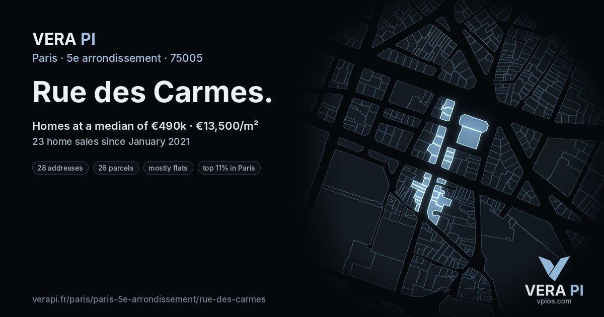 Rue des Carmes, 5e arrondissement at night – every parcel coloured by the prices around it, the street's own parcels lit