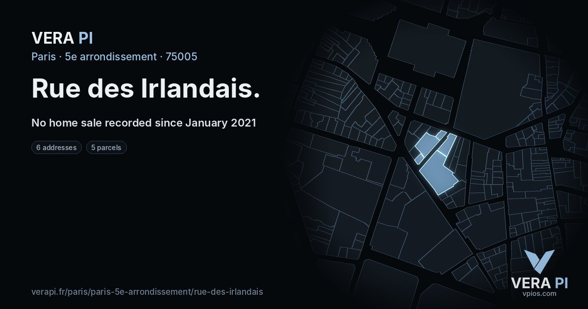 Rue des Irlandais, 5e arrondissement at night – every parcel coloured by the prices around it, the street's own parcels lit