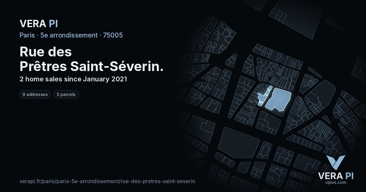 Rue des Prêtres Saint-Séverin, 5e arrondissement at night – every parcel coloured by the prices around it, the street's own parcels lit