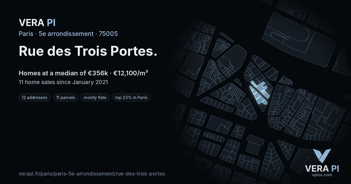 Rue des Trois Portes, 5e arrondissement at night – every parcel coloured by the prices around it, the street's own parcels lit