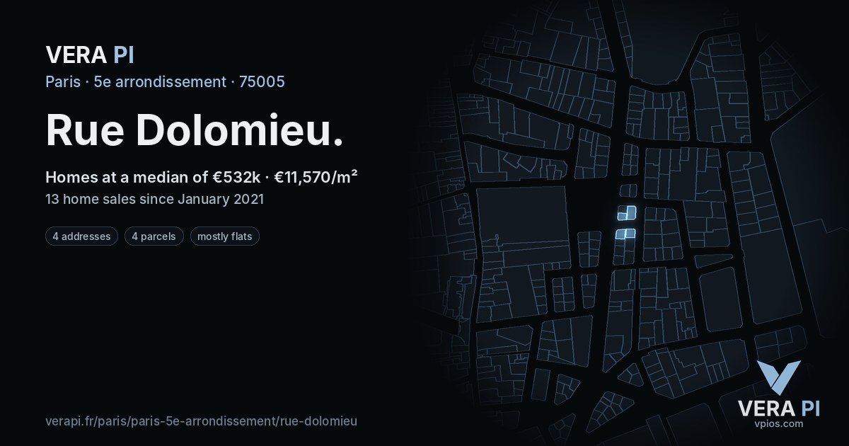 Rue Dolomieu, 5e arrondissement at night – every parcel coloured by the prices around it, the street's own parcels lit