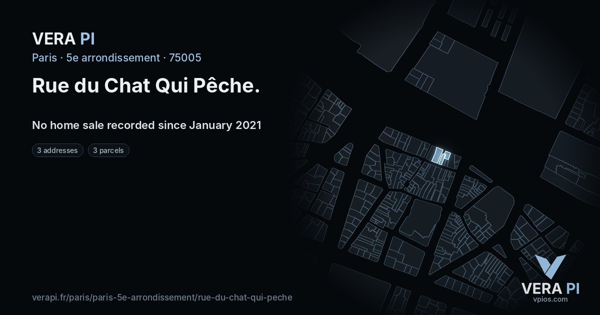 Rue du Chat Qui Pêche, 5e arrondissement at night – every parcel coloured by the prices around it, the street's own parcels lit