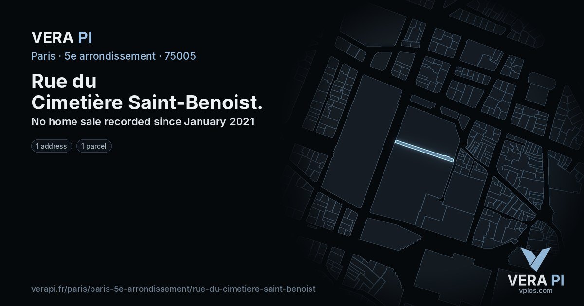 Rue du Cimetière Saint-Benoist, 5e arrondissement at night – every parcel coloured by the prices around it, the street's own parcels lit
