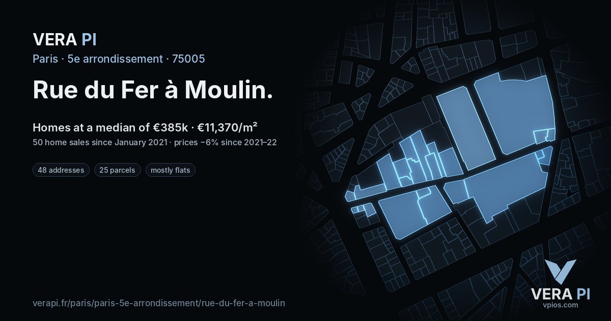 Rue du Fer à Moulin, 5e arrondissement at night – every parcel coloured by the prices around it, the street's own parcels lit