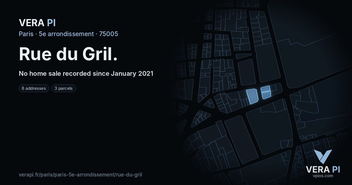 Rue du Gril, 5e arrondissement at night – every parcel coloured by the prices around it, the street's own parcels lit