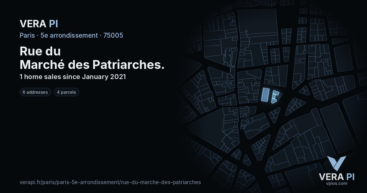 Rue du Marché des Patriarches, 5e arrondissement at night – every parcel coloured by the prices around it, the street's own parcels lit