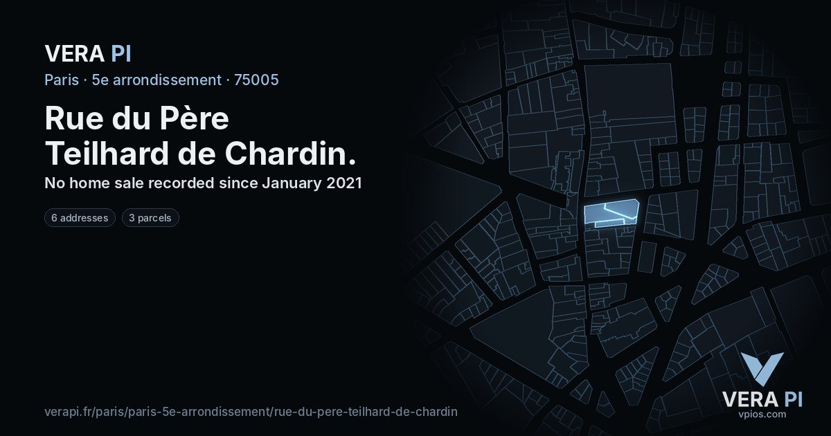 Rue du Père Teilhard de Chardin, 5e arrondissement at night – every parcel coloured by the prices around it, the street's own parcels lit