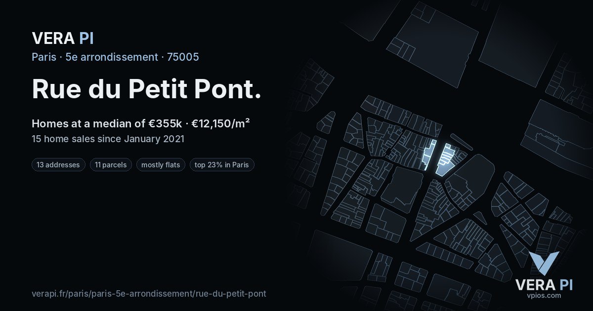 Rue du Petit Pont, 5e arrondissement at night – every parcel coloured by the prices around it, the street's own parcels lit