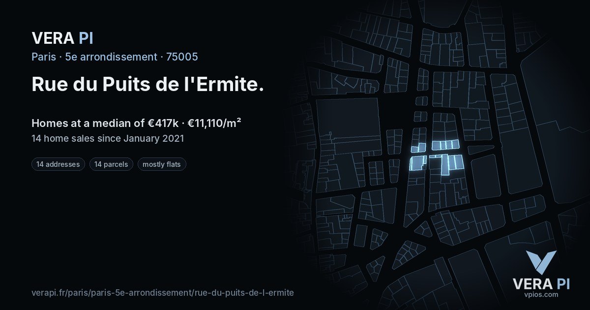 Rue du Puits de l'Ermite, 5e arrondissement at night – every parcel coloured by the prices around it, the street's own parcels lit
