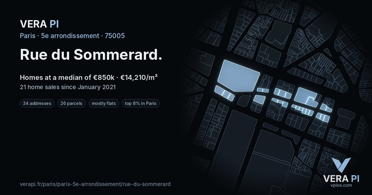 Rue du Sommerard, 5e arrondissement at night – every parcel coloured by the prices around it, the street's own parcels lit