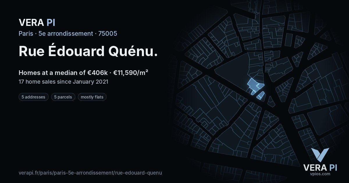 Rue Édouard Quénu, 5e arrondissement at night – every parcel coloured by the prices around it, the street's own parcels lit