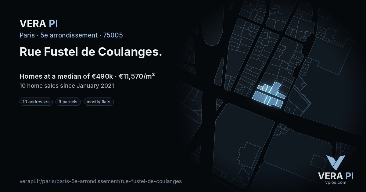 Rue Fustel de Coulanges, 5e arrondissement at night – every parcel coloured by the prices around it, the street's own parcels lit