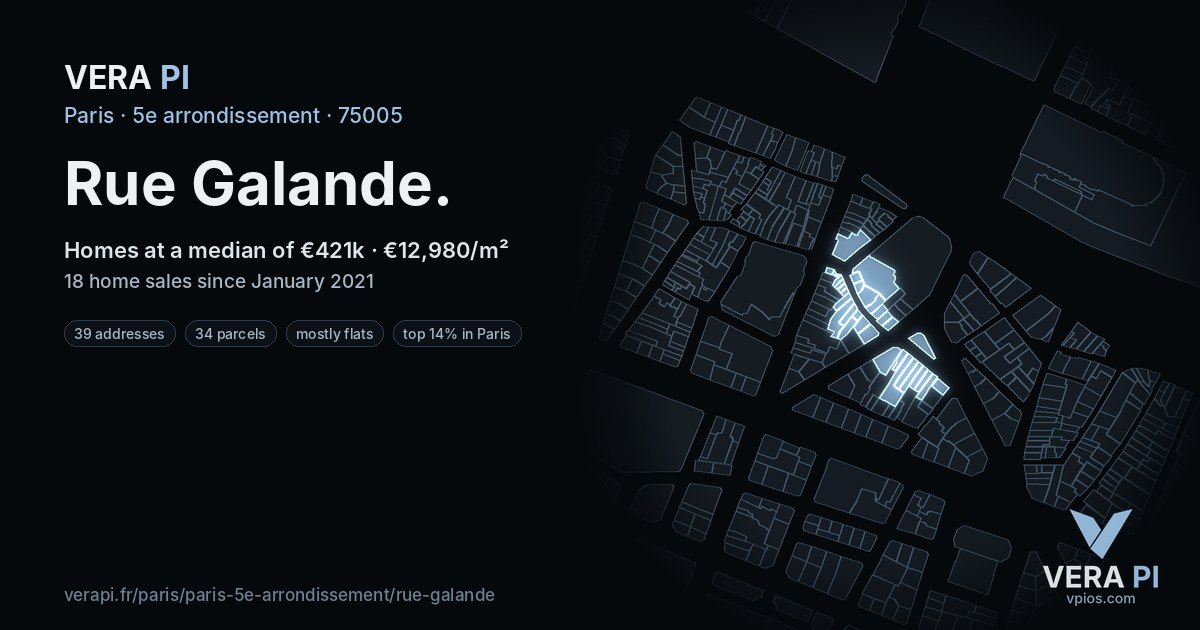Rue Galande, 5e arrondissement at night – every parcel coloured by the prices around it, the street's own parcels lit