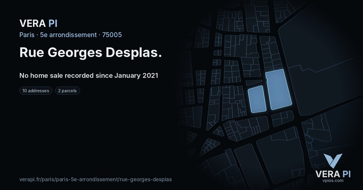 Rue Georges Desplas, 5e arrondissement at night – every parcel coloured by the prices around it, the street's own parcels lit
