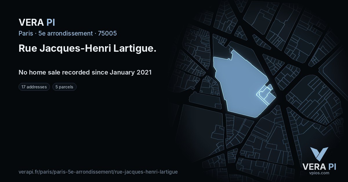 Rue Jacques-Henri Lartigue, 5e arrondissement at night – every parcel coloured by the prices around it, the street's own parcels lit