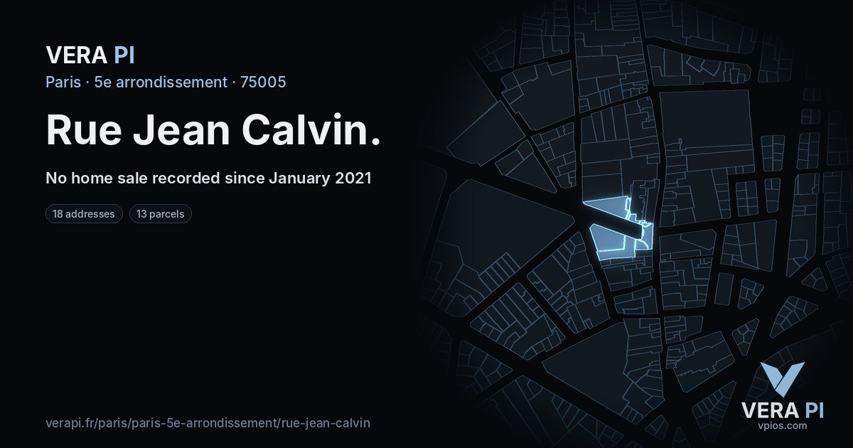 Rue Jean Calvin, 5e arrondissement at night – every parcel coloured by the prices around it, the street's own parcels lit