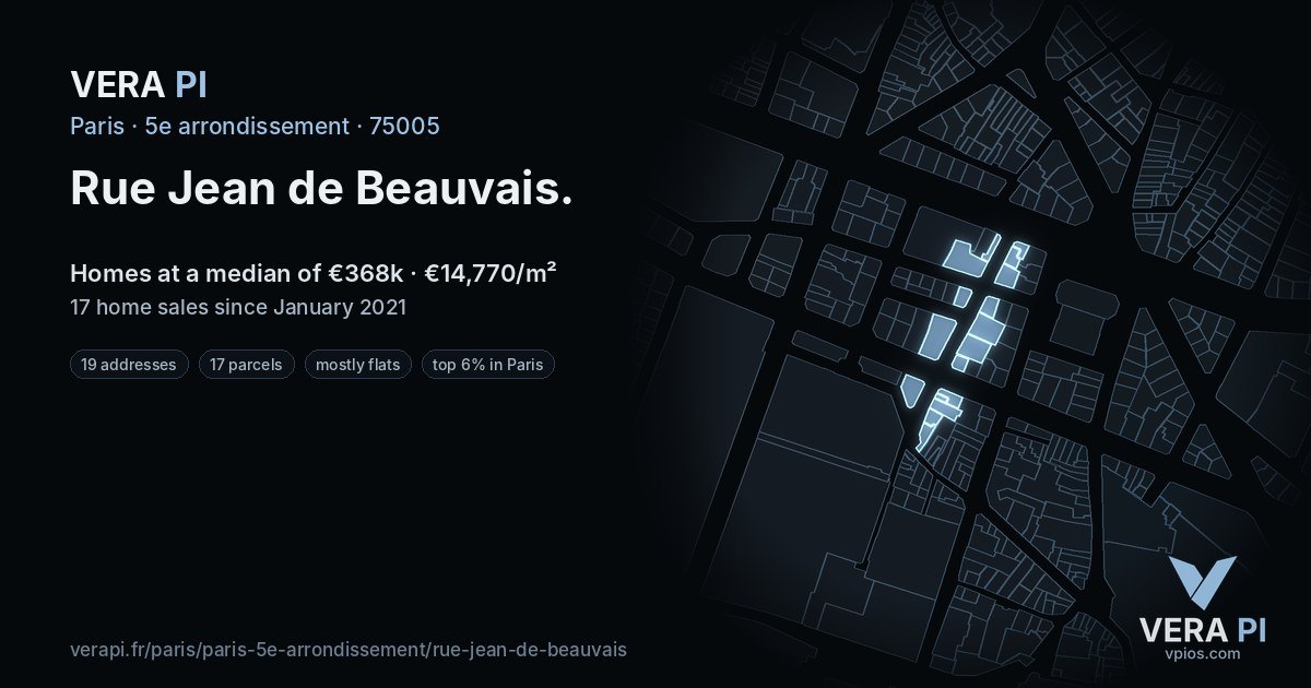 Rue Jean de Beauvais, 5e arrondissement at night – every parcel coloured by the prices around it, the street's own parcels lit