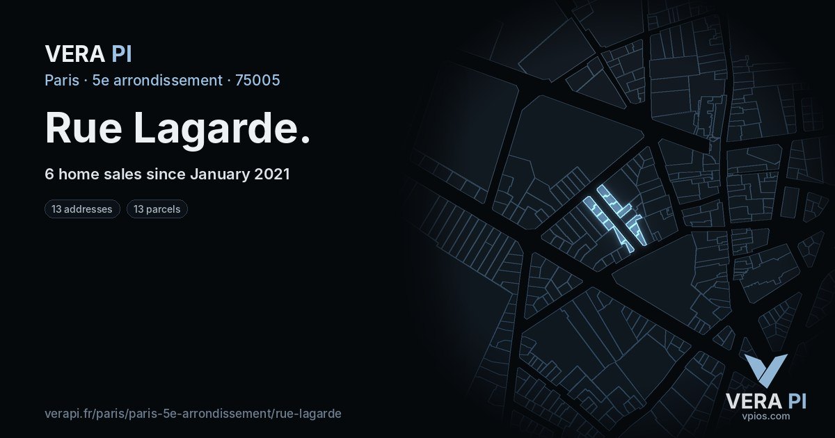 Rue Lagarde, 5e arrondissement at night – every parcel coloured by the prices around it, the street's own parcels lit