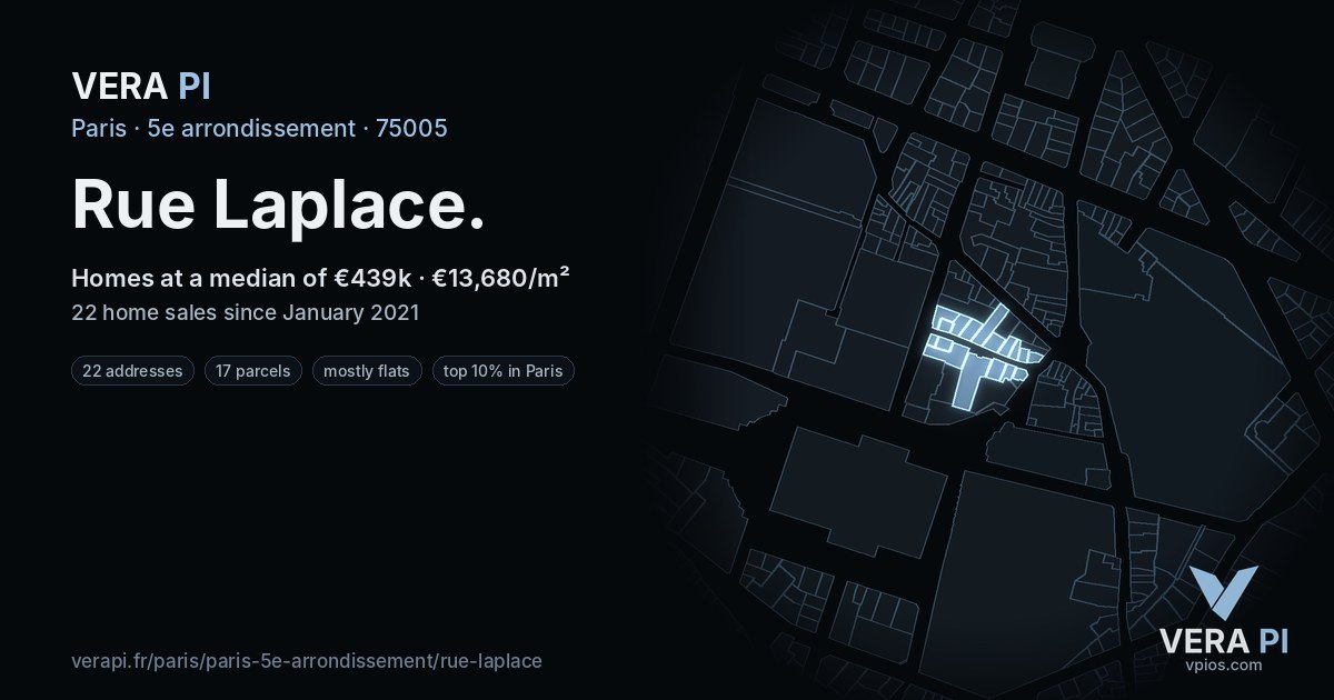 Rue Laplace, 5e arrondissement at night – every parcel coloured by the prices around it, the street's own parcels lit