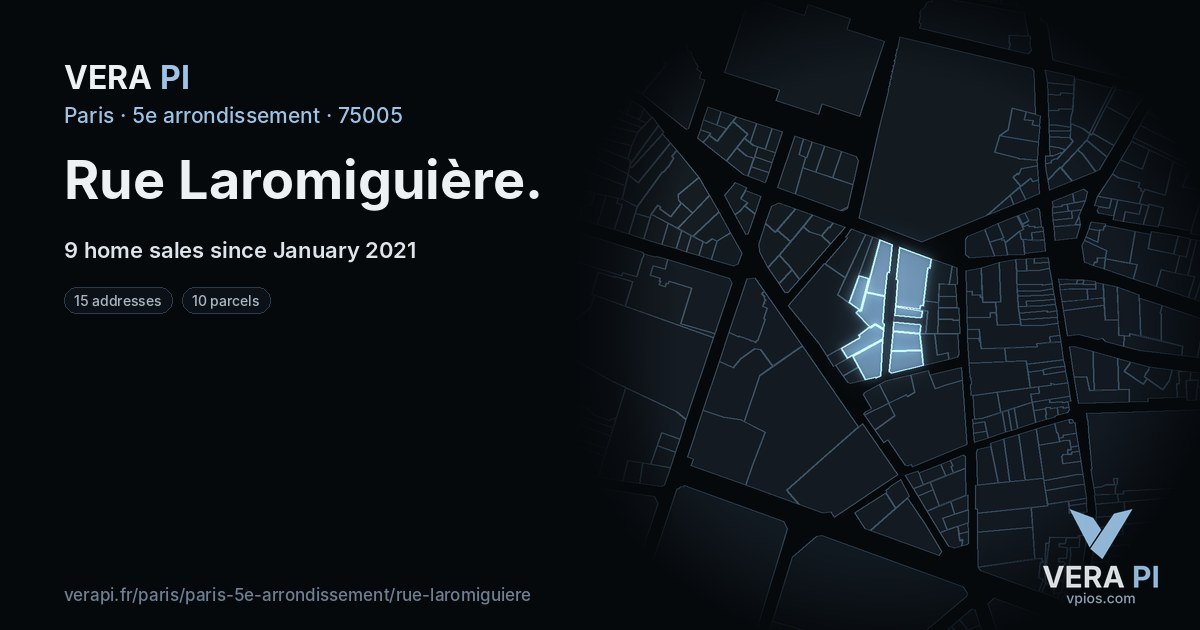 Rue Laromiguière, 5e arrondissement at night – every parcel coloured by the prices around it, the street's own parcels lit