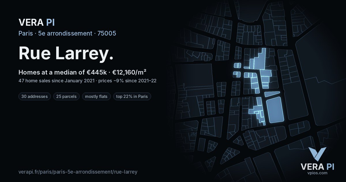 Rue Larrey, 5e arrondissement at night – every parcel coloured by the prices around it, the street's own parcels lit