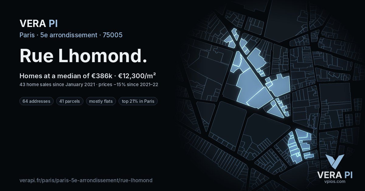 Rue Lhomond, 5e arrondissement at night – every parcel coloured by the prices around it, the street's own parcels lit