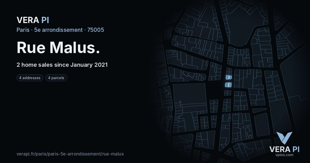 Rue Malus, 5e arrondissement at night – every parcel coloured by the prices around it, the street's own parcels lit