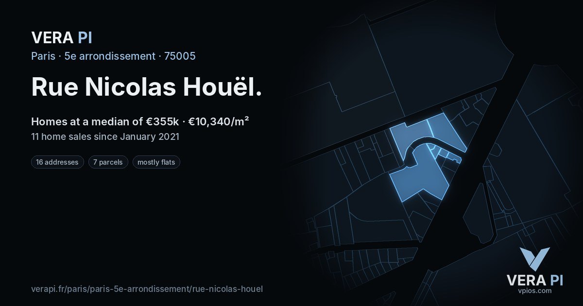 Rue Nicolas Houël, 5e arrondissement at night – every parcel coloured by the prices around it, the street's own parcels lit