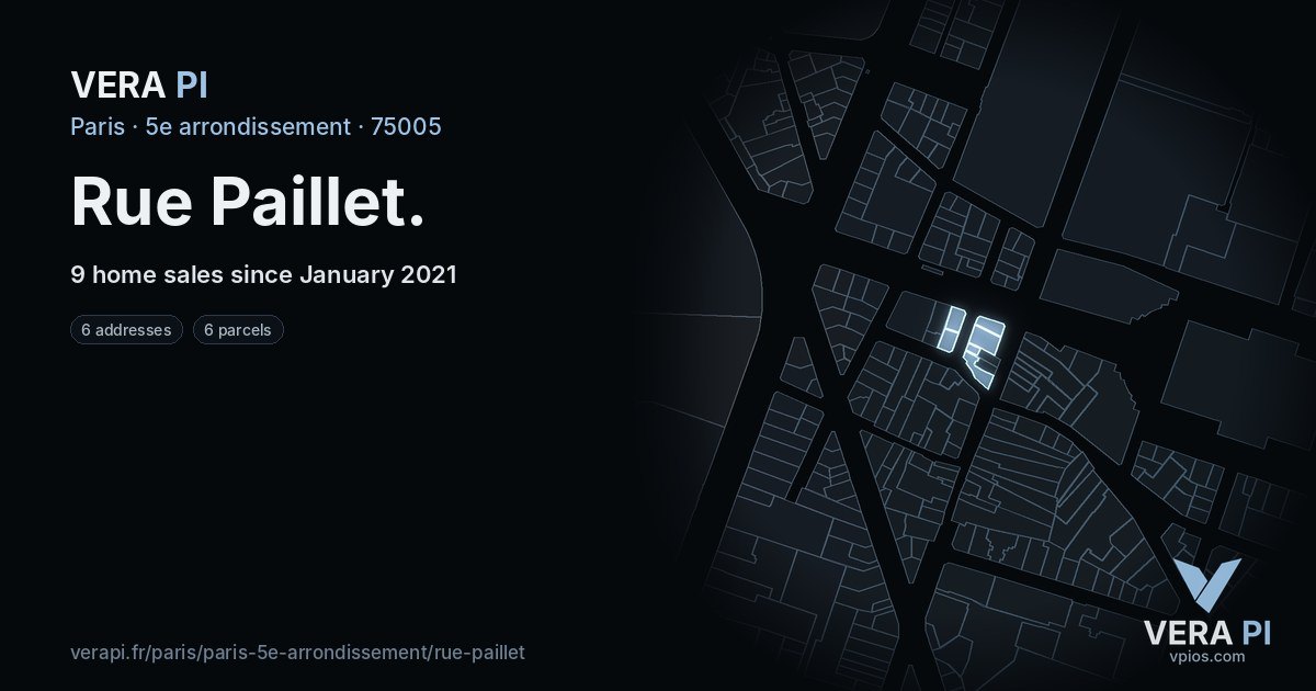 Rue Paillet, 5e arrondissement at night – every parcel coloured by the prices around it, the street's own parcels lit