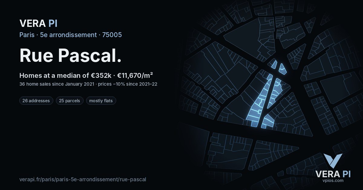 Rue Pascal, 5e arrondissement at night – every parcel coloured by the prices around it, the street's own parcels lit