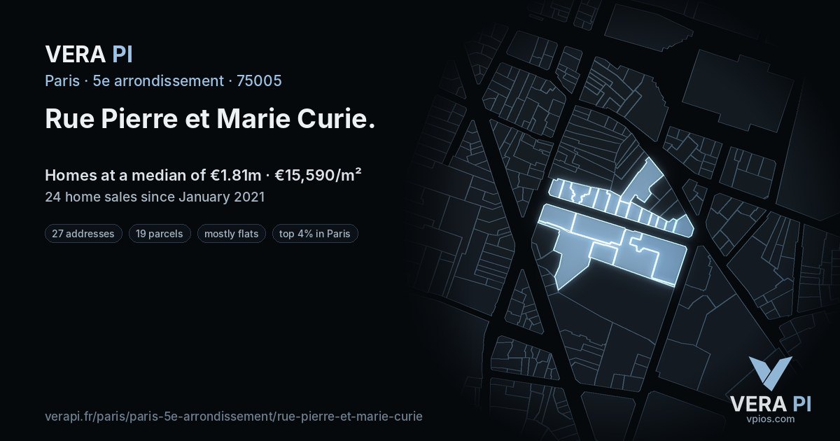 Rue Pierre et Marie Curie, 5e arrondissement at night – every parcel coloured by the prices around it, the street's own parcels lit