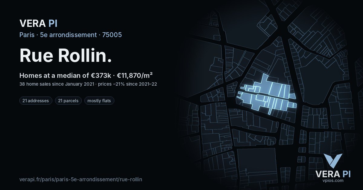 Rue Rollin, 5e arrondissement at night – every parcel coloured by the prices around it, the street's own parcels lit
