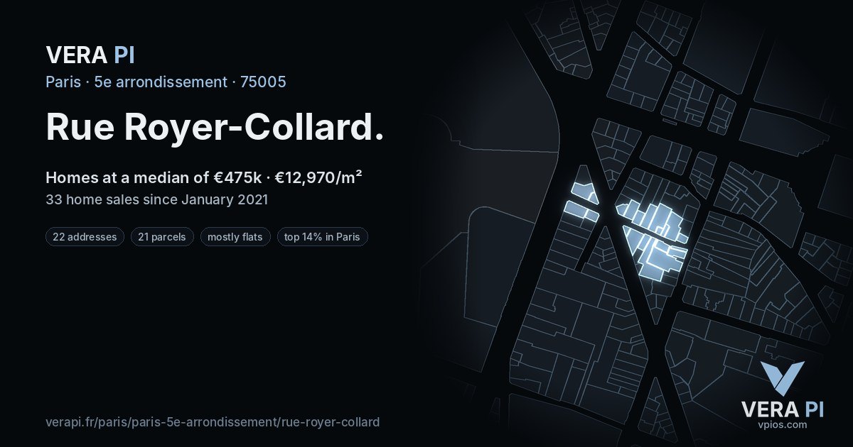 Rue Royer-Collard, 5e arrondissement at night – every parcel coloured by the prices around it, the street's own parcels lit