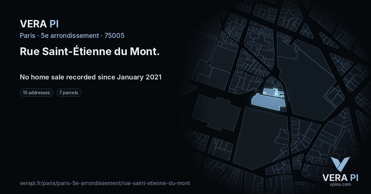 Rue Saint-Étienne du Mont, 5e arrondissement at night – every parcel coloured by the prices around it, the street's own parcels lit