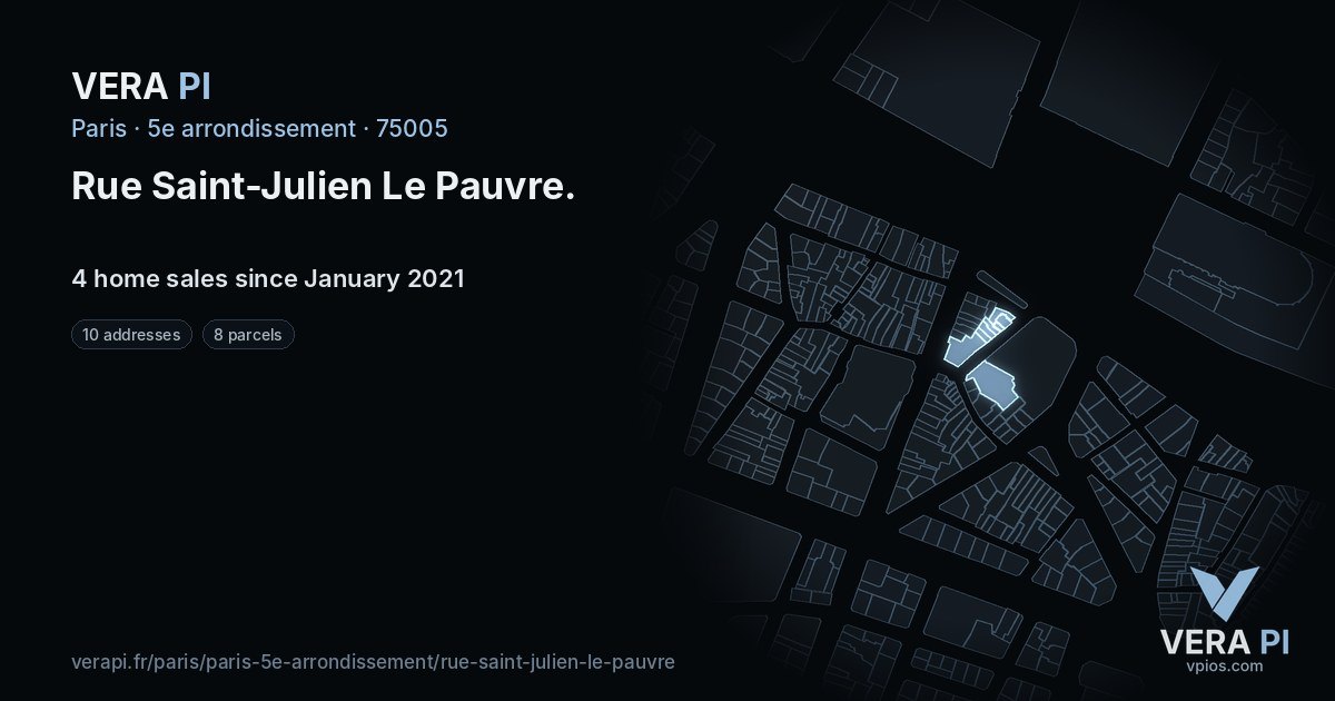 Rue Saint-Julien Le Pauvre, 5e arrondissement at night – every parcel coloured by the prices around it, the street's own parcels lit