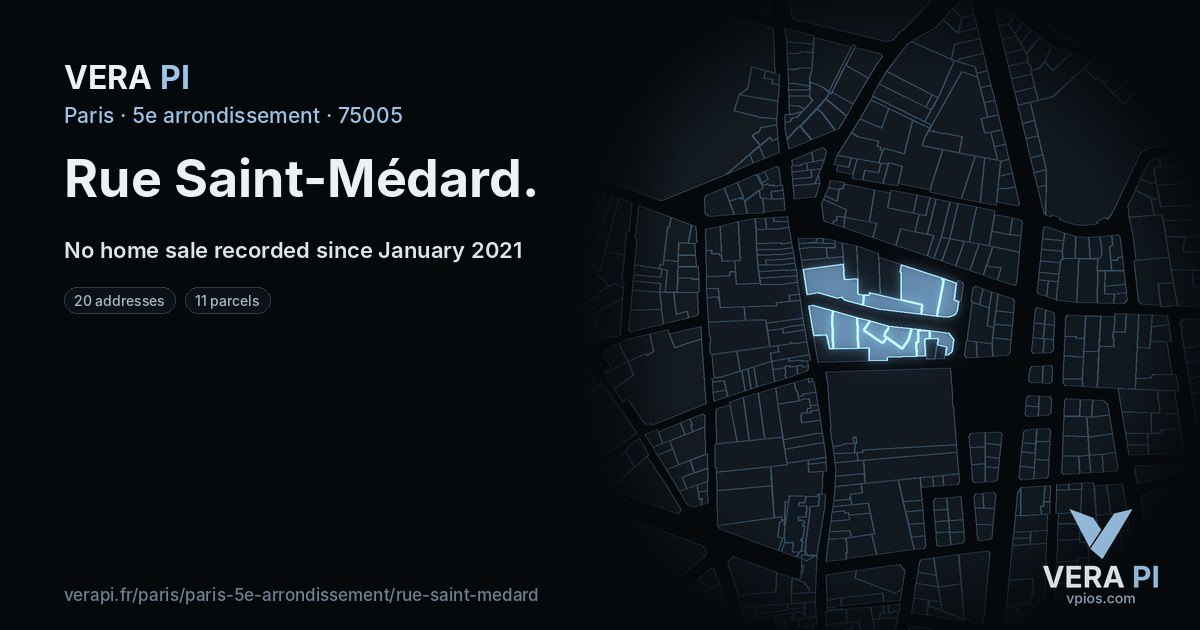 Rue Saint-Médard, 5e arrondissement at night – every parcel coloured by the prices around it, the street's own parcels lit