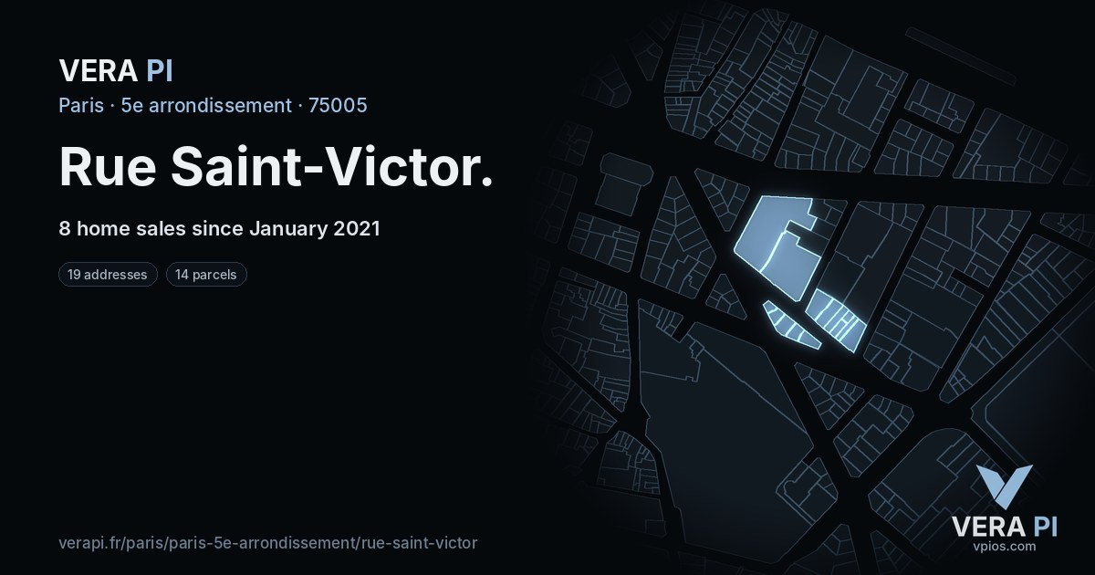 Rue Saint-Victor, 5e arrondissement at night – every parcel coloured by the prices around it, the street's own parcels lit