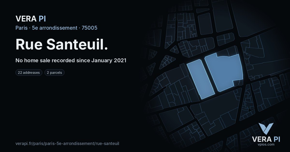 Rue Santeuil, 5e arrondissement at night – every parcel coloured by the prices around it, the street's own parcels lit