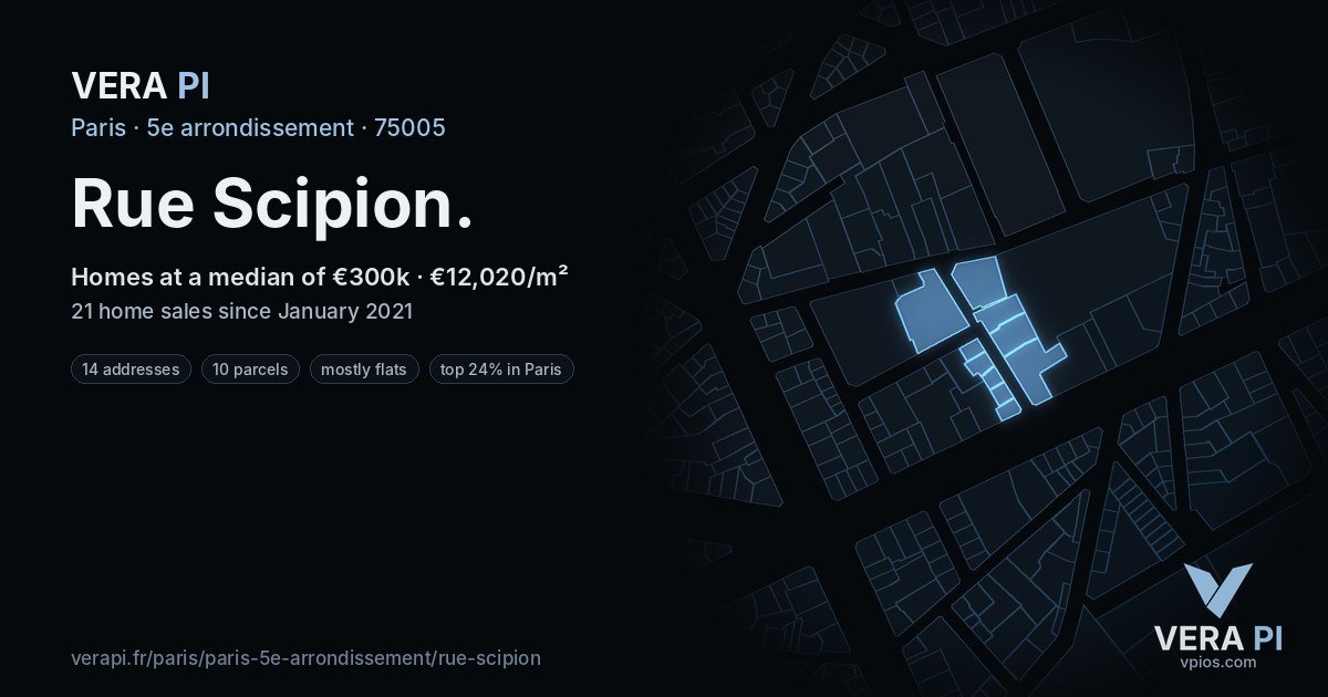 Rue Scipion, 5e arrondissement at night – every parcel coloured by the prices around it, the street's own parcels lit